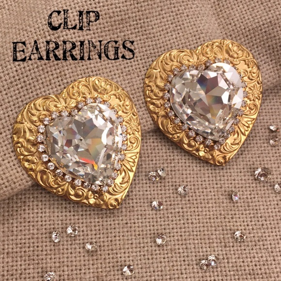 Vintage Jewelry - Vintage Giant Glass Rhinestone Heart Earrings Clip